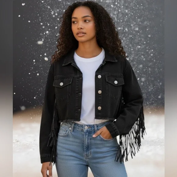 Vintage Y2K black Fringe Denim Jacket new without tags - Picture 8 of 11